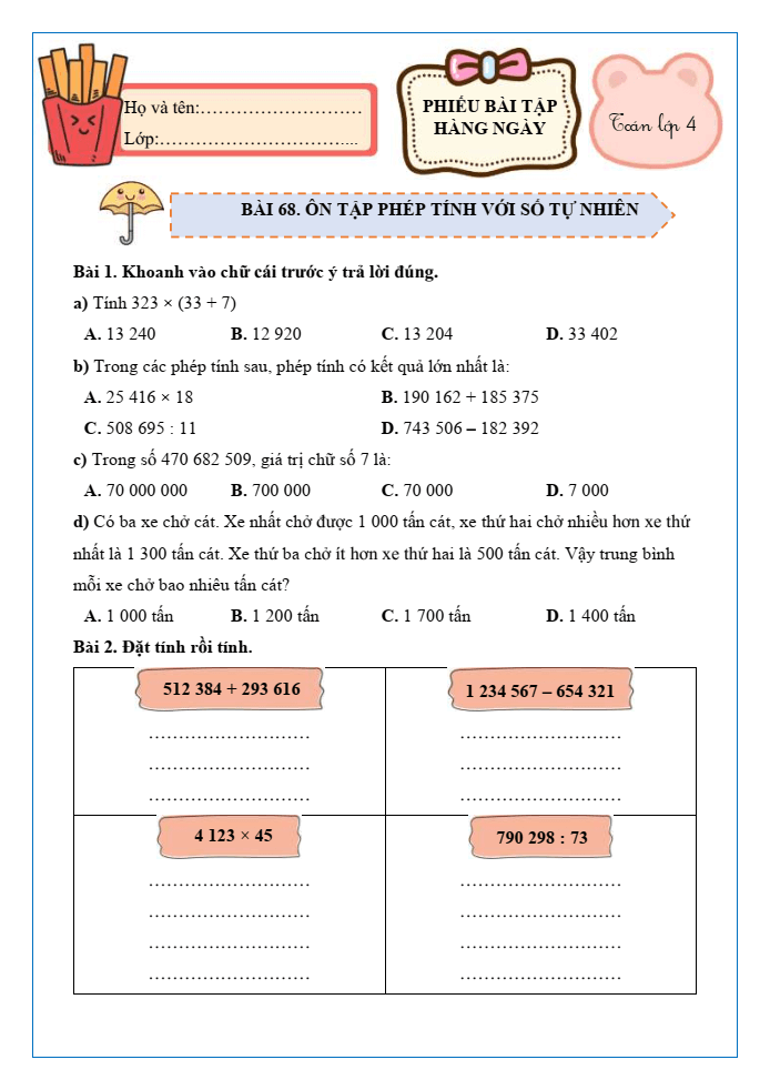 Bài tập hàng ngày Toán lớp 4 Bài 68: Ôn tập phép tính với số tự nhiên | Kết nối tri thức