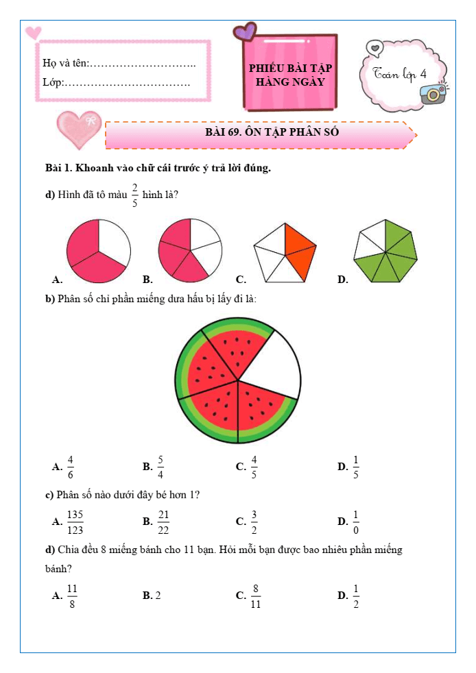 Bài tập hàng ngày Toán lớp 4 Bài 69: Ôn tập phân số | Kết nối tri thức