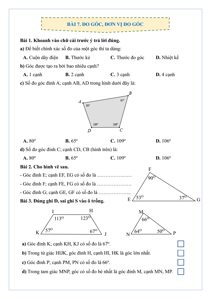 Bài tập hàng ngày Toán lớp 4 Bài 7: Đo góc, đơn vị đo góc | Kết nối tri thức