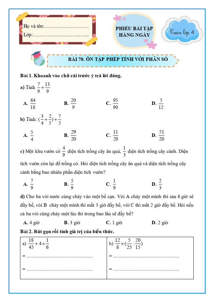 Bài tập hàng ngày Toán lớp 4 Bài 70: Ôn tập phép tính với phân số | Kết nối tri thức