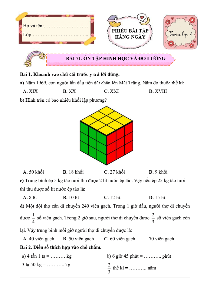 Bài tập hàng ngày Toán lớp 4 Bài 71: Ôn tập hình học và đo lường | Kết nối tri thức