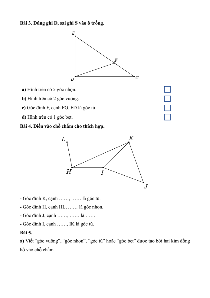 Bài tập hàng ngày Toán lớp 4 Bài 8: Góc nhọn, góc tù, góc bẹt | Kết nối tri thức