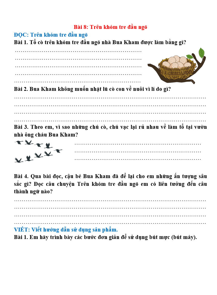 Bài tập hàng ngày Tiếng Việt lớp 4 Bài 8: Trên khóm tre đầu ngõ | Kết nối tri thức