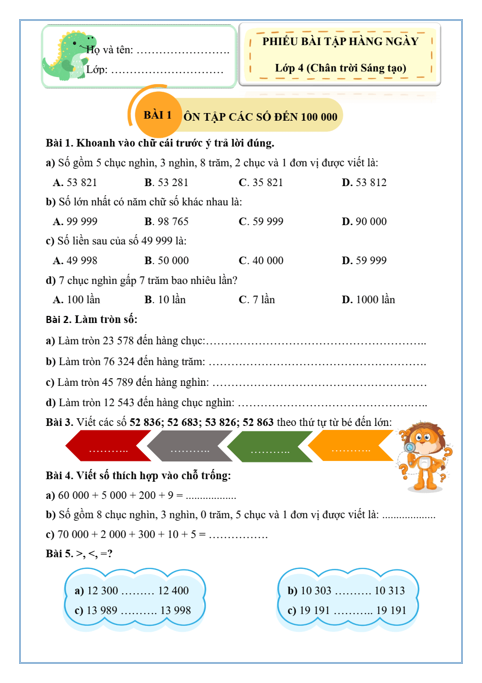 Bài tập hàng ngày Toán lớp 4 Chân trời sáng tạo Học kì 1 (có lời giải)