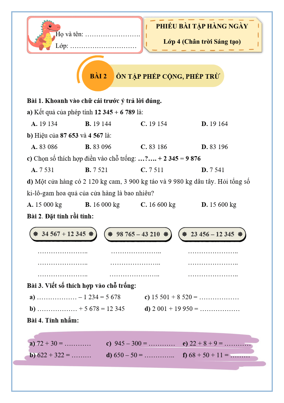 Bài tập hàng ngày Toán lớp 4 Chân trời sáng tạo Học kì 1 (có lời giải)
