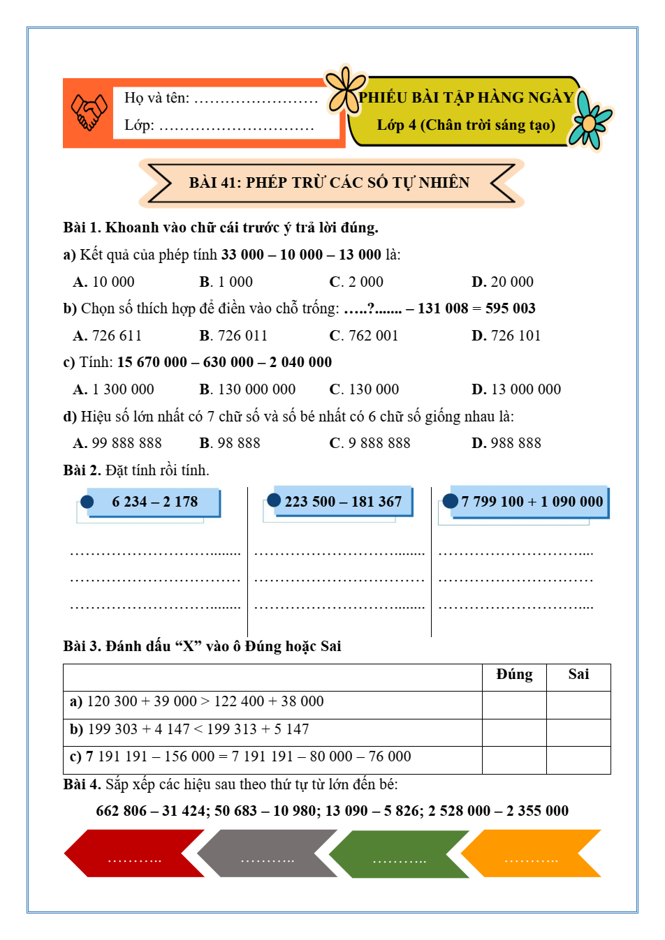 Bài tập hàng ngày Toán lớp 4 Chân trời sáng tạo Học kì 2 (có lời giải)