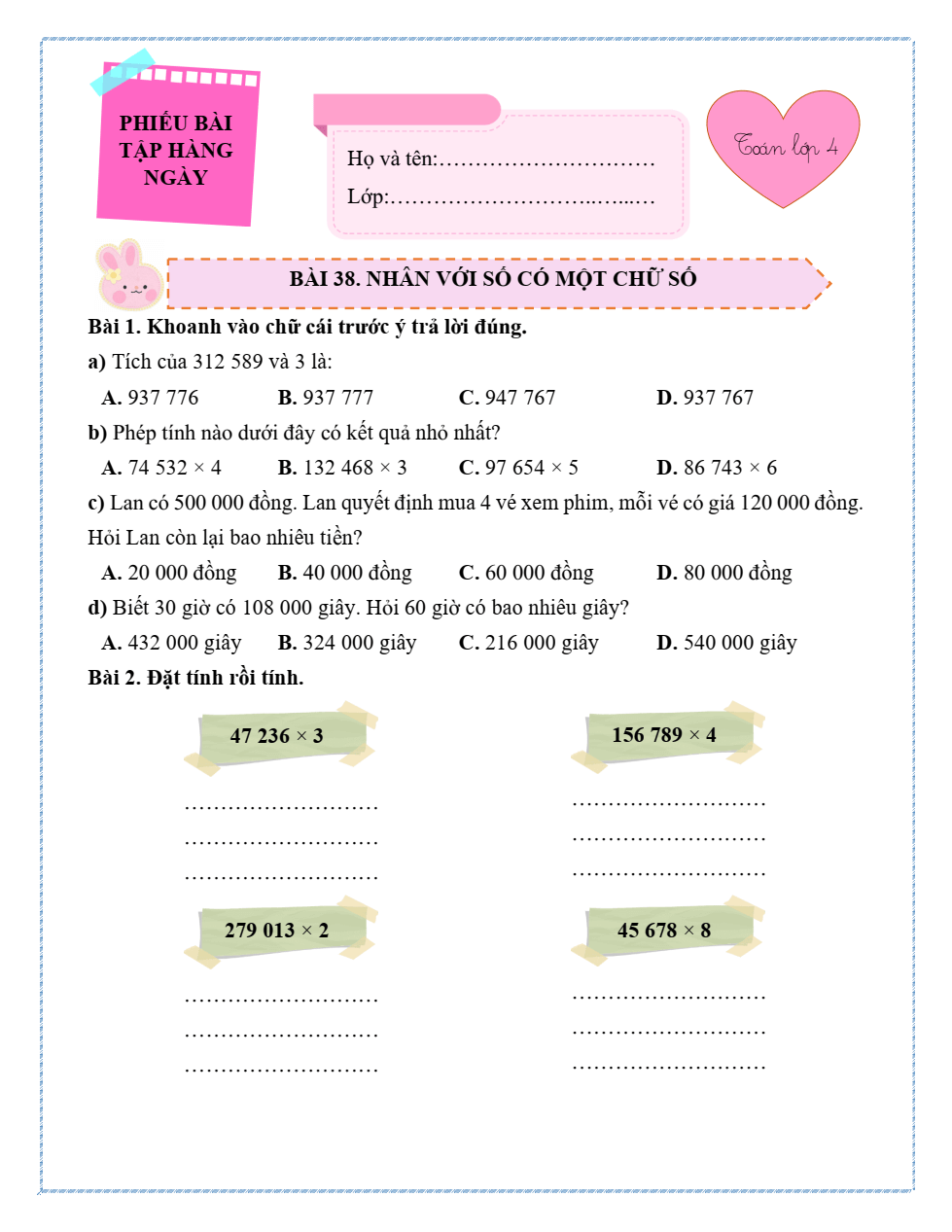 Bài tập hàng ngày Toán lớp 4 Kết nối tri thức Học kì 2 (có lời giải)