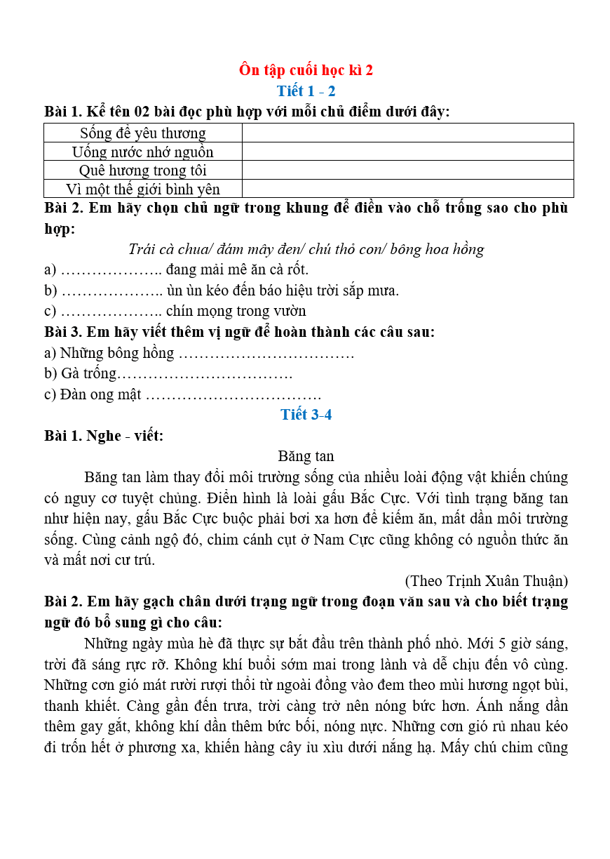 Bài tập hàng ngày Tiếng Việt lớp 4 Ôn tập cuối học kì 2 | Kết nối tri thức