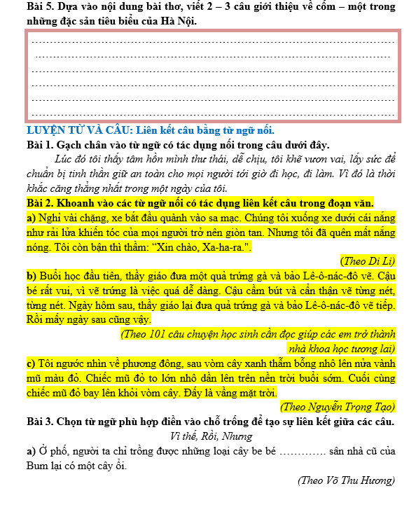 Bài tập hàng ngày Tiếng Việt lớp 5 Bài 11: Hương cốm mùa thu | Kết nối tri thức