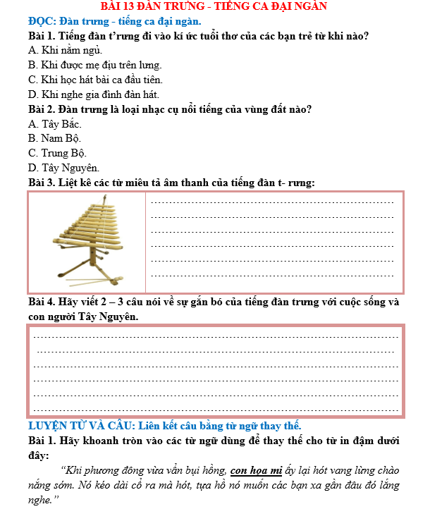 Bài tập hàng ngày Tiếng Việt lớp 5 Bài 13: Đàn t'rưng – tiếng ca đại ngàn | Kết nối tri thức