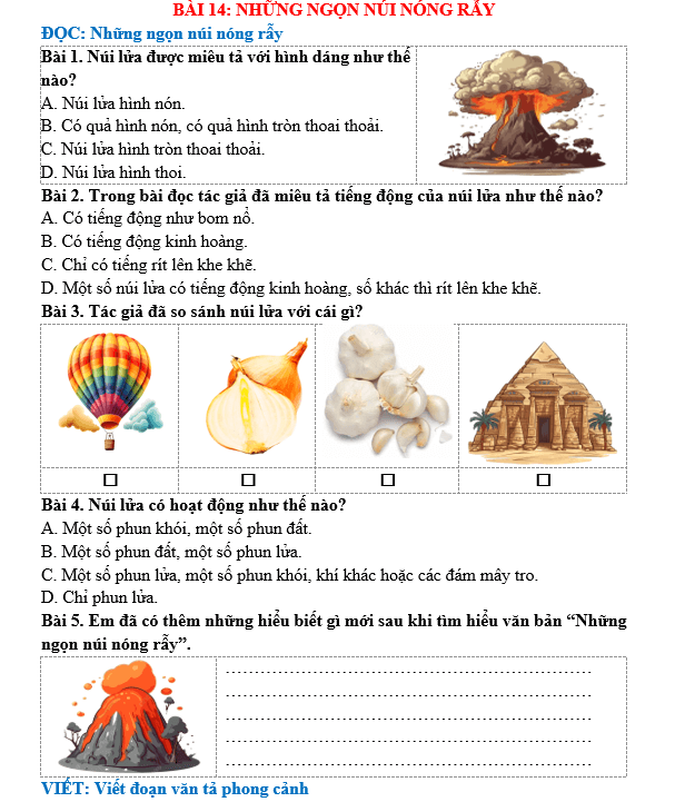 Bài tập hàng ngày Tiếng Việt lớp 5 Bài 14: Những ngọn núi nóng rẫy | Kết nối tri thức