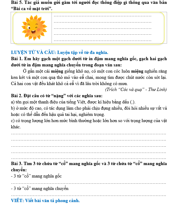 Bài tập hàng ngày Tiếng Việt lớp 5 Bài 15: Bài ca về mặt trời | Kết nối tri thức