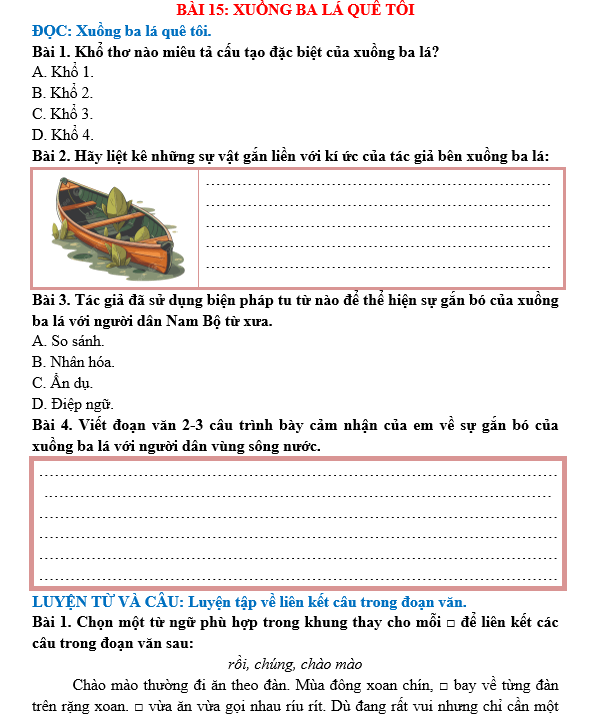 Bài tập hàng ngày Tiếng Việt lớp 5 Bài 15: Xuồng ba lá quê tôi | Kết nối tri thức