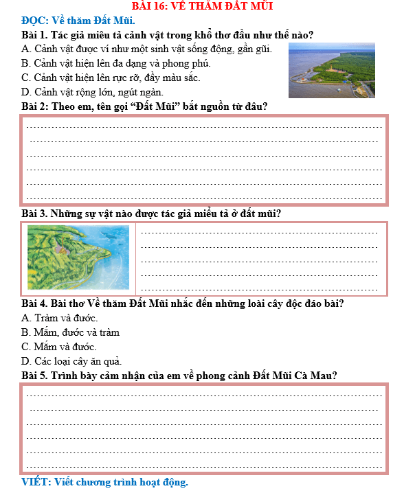Bài tập hàng ngày Tiếng Việt lớp 5 Bài 16: Về thăm Đất Mũi | Kết nối tri thức