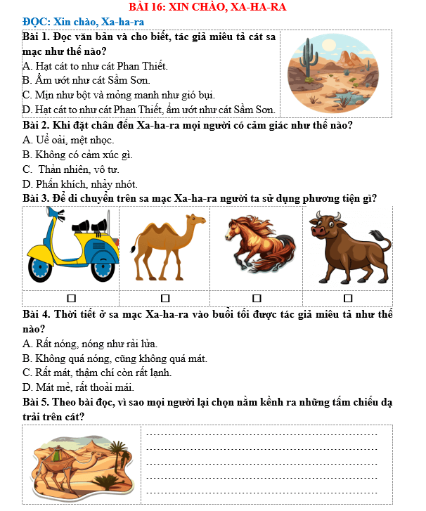 Bài tập hàng ngày Tiếng Việt lớp 5 Bài 16: Xin chào, Xa-ha-ra | Kết nối tri thức