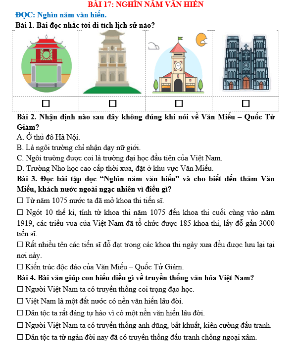Bài tập hàng ngày Tiếng Việt lớp 5 Bài 17: Nghìn năm văn hiến | Kết nối tri thức