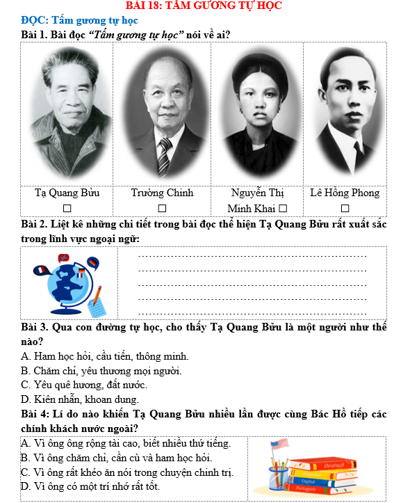 Bài tập hàng ngày Tiếng Việt lớp 5 Bài 18: Tấm gương tự học | Kết nối tri thức