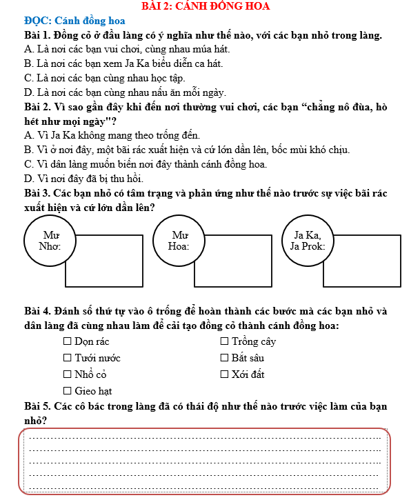 Bài tập hàng ngày Tiếng Việt lớp 5 Bài 2: Cánh đồng hoa | Kết nối tri thức