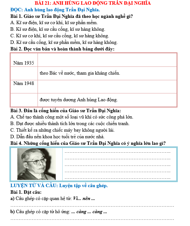 Bài tập hàng ngày Tiếng Việt lớp 5 Bài 21: Anh hùng Lao động Trần Đại Nghĩa | Kết nối tri thức