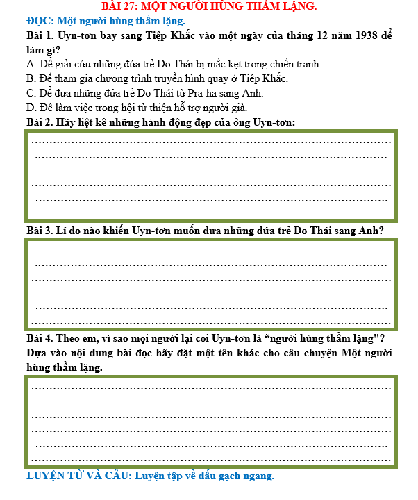 Bài tập hàng ngày Tiếng Việt lớp 5 Bài 27: Một người hùng thầm lặng | Kết nối tri thức