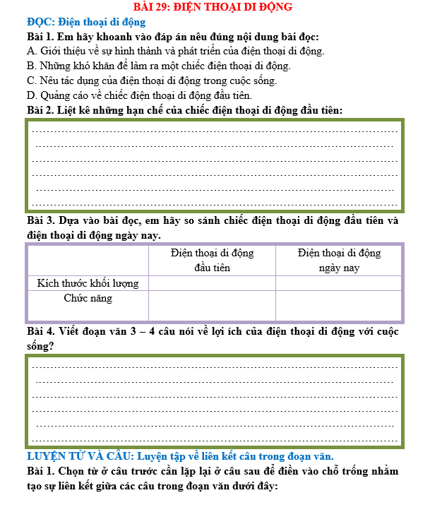 Bài tập hàng ngày Tiếng Việt lớp 5 Bài 29: Điện thoại di động | Kết nối tri thức