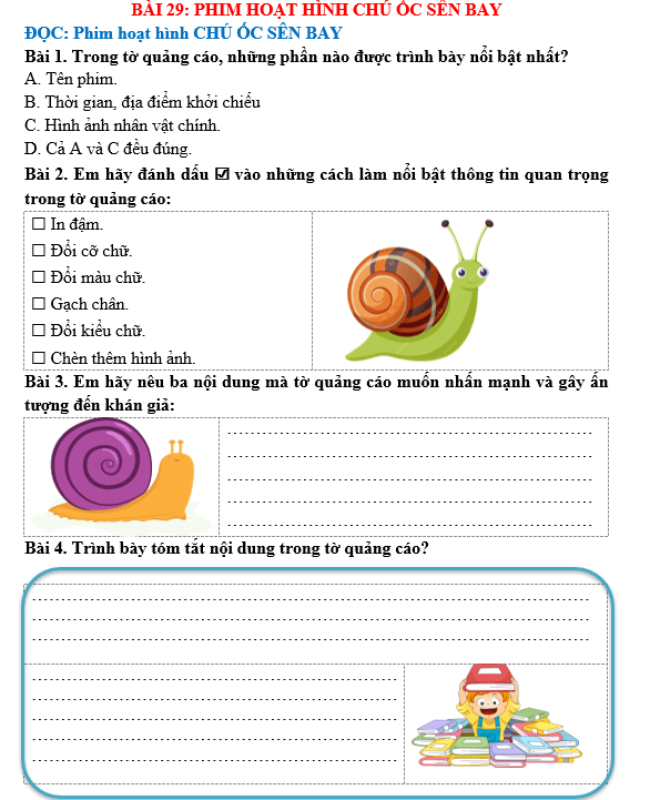 Bài tập hàng ngày Tiếng Việt lớp 5 Bài 29: Phim hoạt hình Chú ốc sên bay | Kết nối tri thức