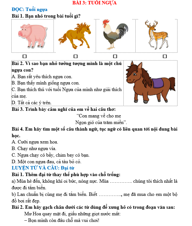 Bài tập hàng ngày Tiếng Việt lớp 5 Bài 3: Tuổi ngựa | Kết nối tri thức