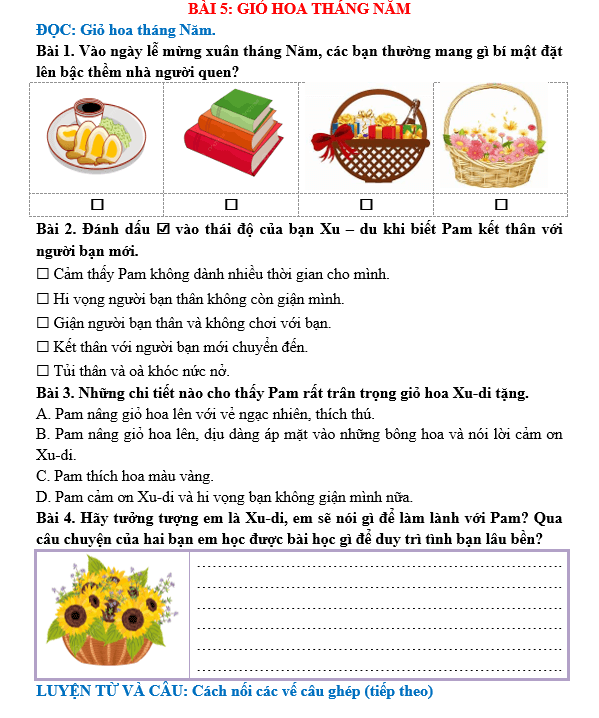 Bài tập hàng ngày Tiếng Việt lớp 5 Bài 5: Giỏ hoa tháng Năm | Kết nối tri thức