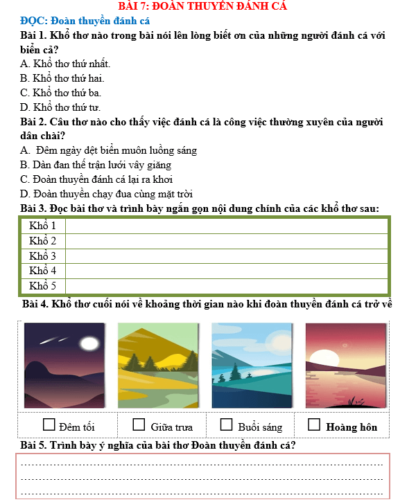 Bài tập hàng ngày Tiếng Việt lớp 5 Bài 7: Đoàn thuyền đánh cá | Kết nối tri thức