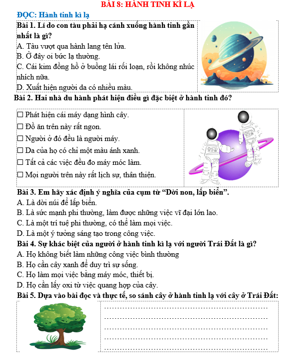 Bài tập hàng ngày Tiếng Việt lớp 5 Bài 8: Hành tinh kì lạ | Kết nối tri thức