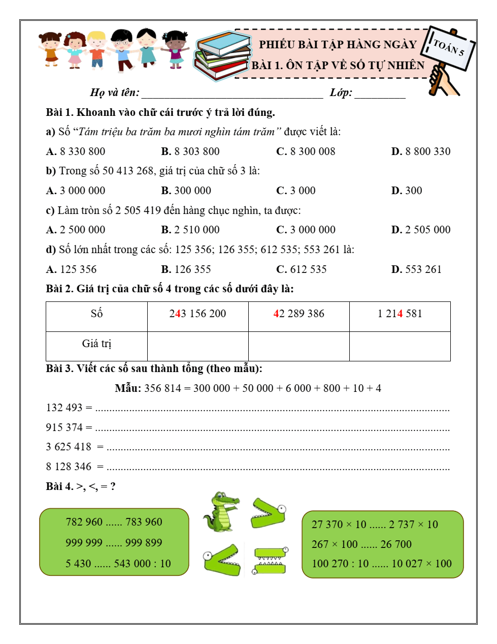 Bài tập hàng ngày Toán lớp 5 Cánh diều Học kì 1 (có lời giải)