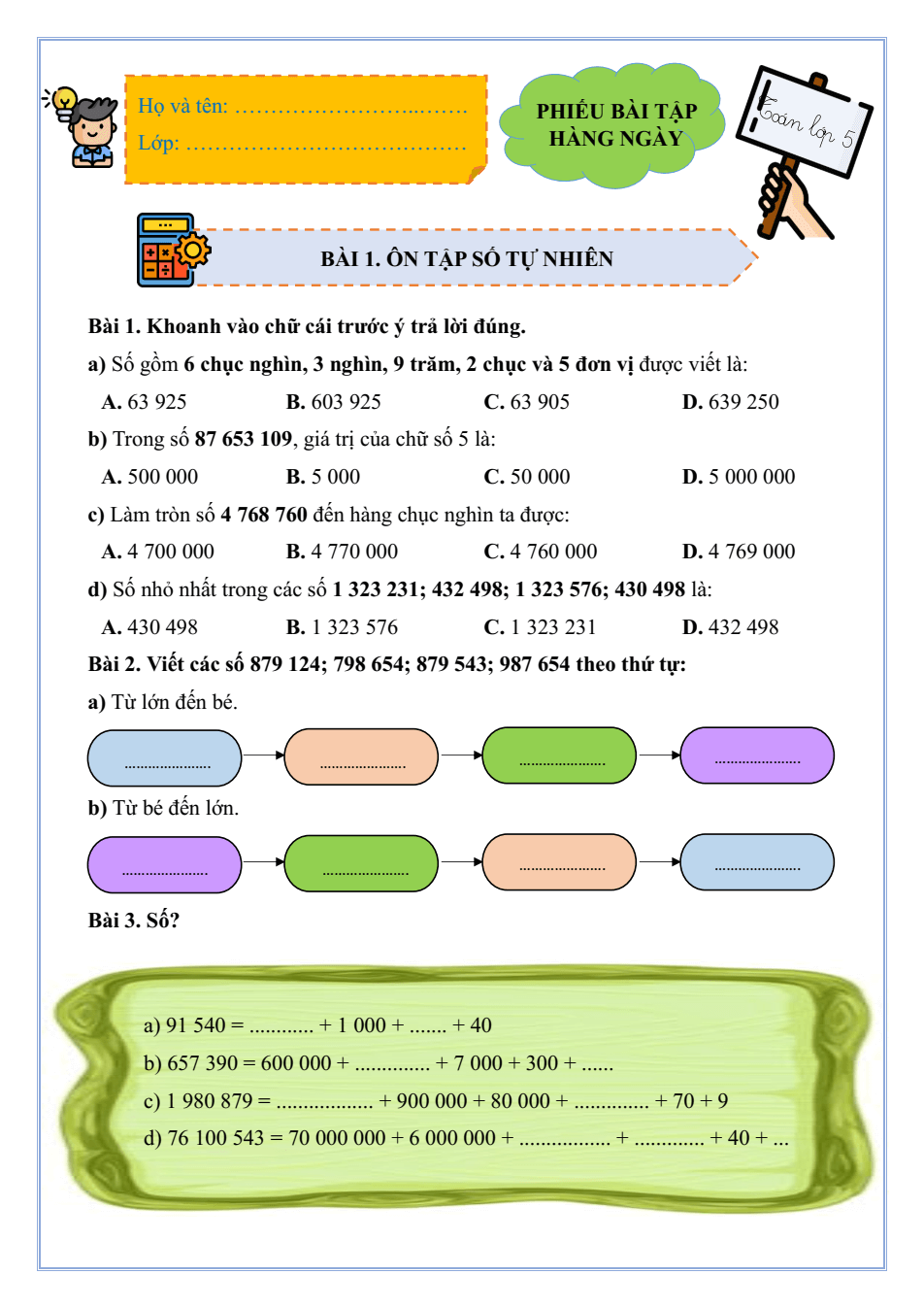 Bài tập hàng ngày Toán lớp 5 Kết nối tri thức Học kì 1 (có lời giải)