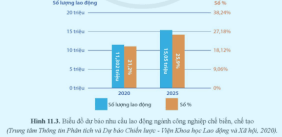 Quan sát hình 11.3 và nhận xét về nhu cầu lao động ngành công nghiệp chế biến, chế tạo.