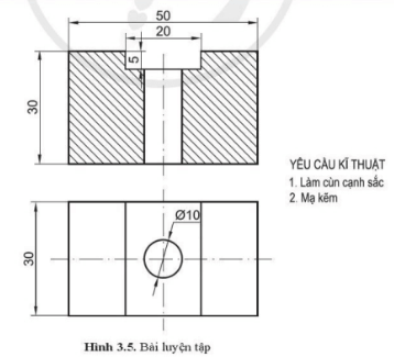 Vẽ gạch mặt cắt, ghi kích thước và viết chữ cho hình biểu diễn của vật thể hình 3.5