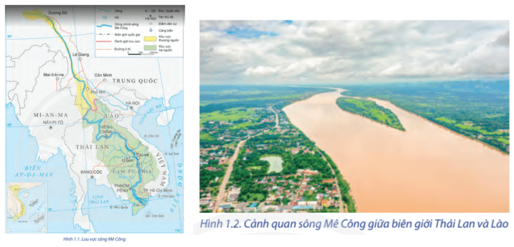 Dựa vào hình 1.1, hình 1.2 và thông tin trong bài, hãy nêu khái quát về lưu vực sông Mê Công
