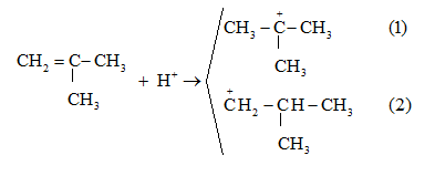 Cho biết cấu tạo của các carbocation khi H+ kết hợp với 2 – methylpropene và so sánh độ bền