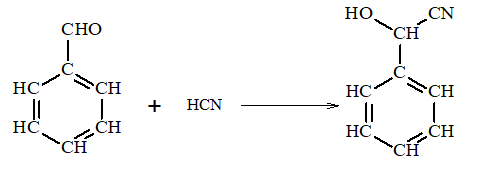 Benzaldehyde cyanohydrin có thể được tạo thành từ phản ứng hoá học giữa benzaldehyde và HCN