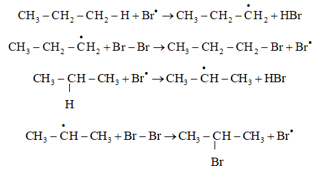 Dự đoán các gốc tự do tạo thành khi cho propane tác dụng với bromine