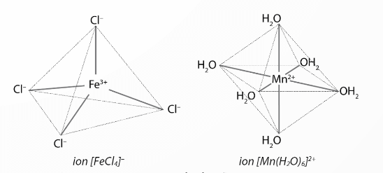 Biểu diễn dạng hình học của ion phức chất tứ diện [FeCl4]− và ion phức chất bát diện