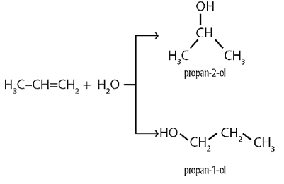 Phản ứng cộng nước vào propene có mặt xúc tác acid tạo thành hỗn hợp hai sản phẩm