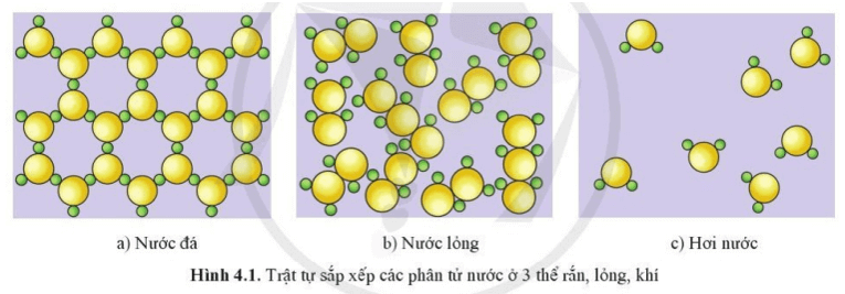 Hình 4.1 dưới đây mô tả trật tự sắp xếp của các phân tử nước ở ba thể