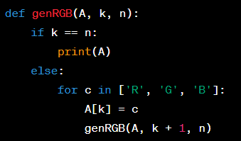 Viết chương trình sinh tất cả các xâu (hoặc dãy) bao gồm n kí tự dạng R G và B