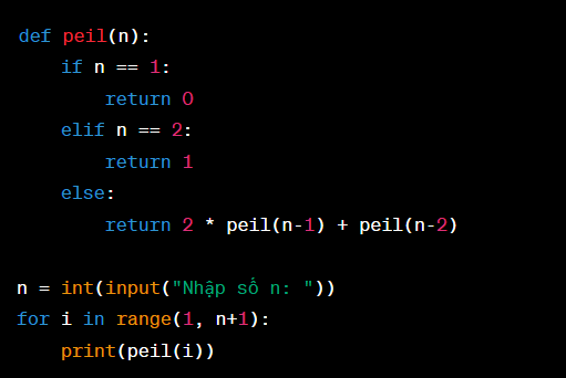 Viết chương trình nhập số n từ bàn phím và in ra n số hạng đầu tiên của dãy số Peil