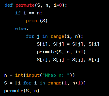 Viết chương trình in ra tất cả các hoán vị của tập hợp S = {1, 2, ..., n}