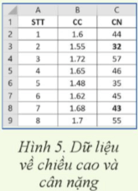 Bảng tính ở Hình 5 là dữ liệu vẻ chiếu cao (CC) và cần nặng (CN) của một nhóm người