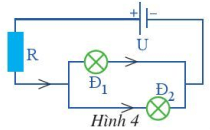 Cho mạch điện như Hình 4 Biết U = 24 V, Đ1: 12V - 6W, Đ1: 12V - 12W, R = 3 Ôm  (ảnh 1)