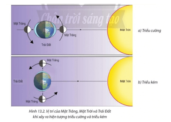 Nêu nhận xét về vị trí của Mặt Trăng và Mặt Trời với Trái Đất khi có triều cường và triều thấp