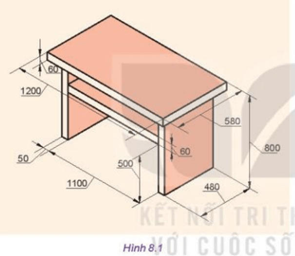 Hình 8.1 biểu diễn hình dáng và kích thước của một chiếc bàn. Em hãy mô tả chiếc bàn đó
