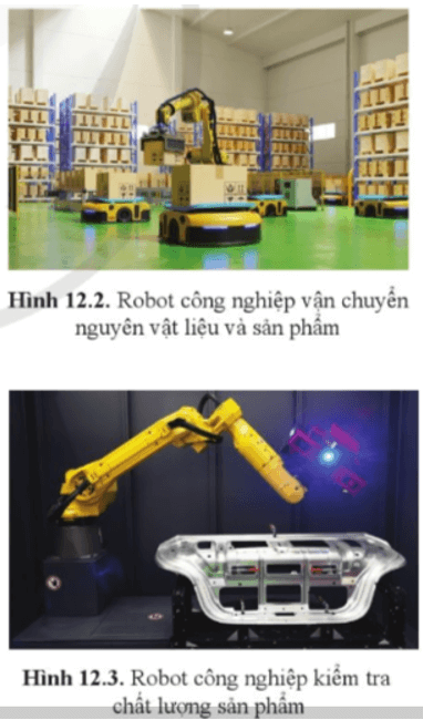 Quan sát hình 12.2, 12.3 và cho biết robot công nghiệp được ứng dụng