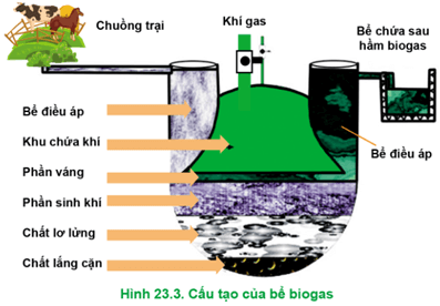  Hãy quan sát Hình 23.3 và mô tả cấu tạo của bể biogas. Bể điều áp có vai trò gì?